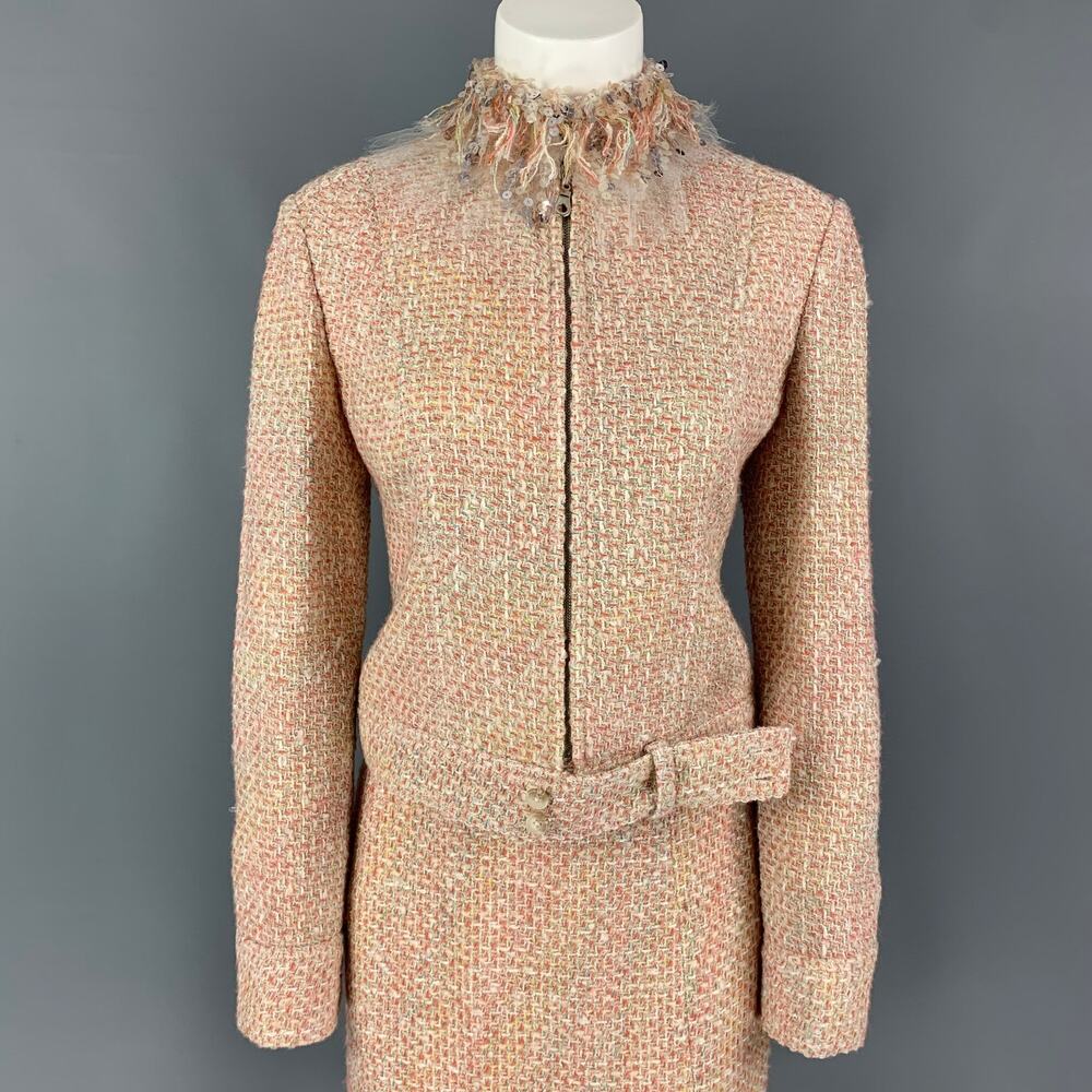MONIQUE LHUILLIER Size 6 Beige Salmon Viscose Blend Tweed Zip Up Skirt Set - Picture 2 of 11
